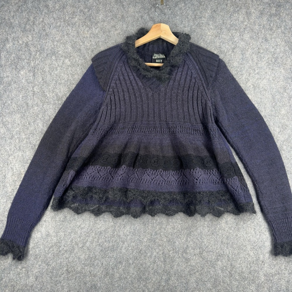 Jean Paul Gaultier Sweater‎ Womens Medium Purple V Neck Mohair Skull Lace Gothic